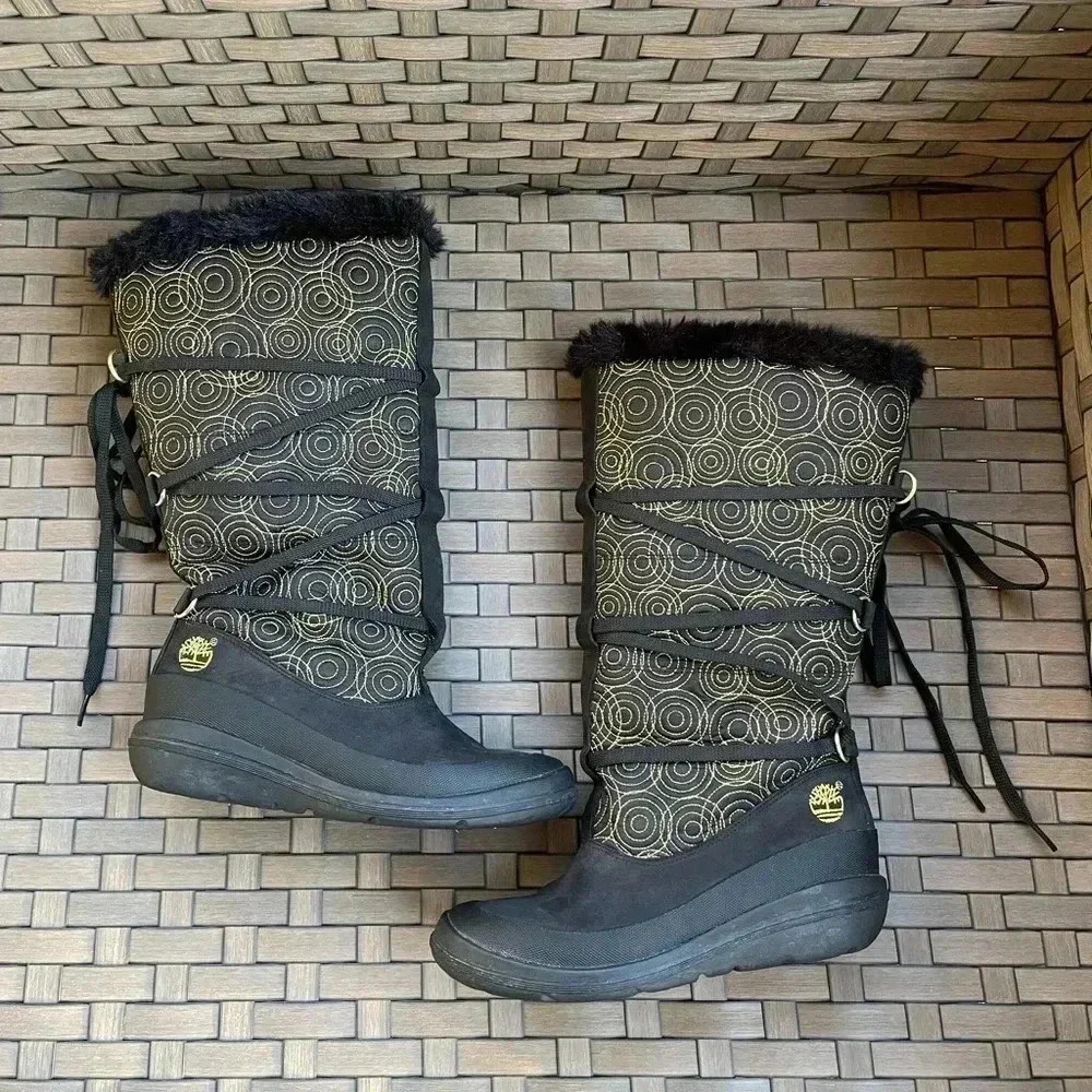 Timberland Women’s Black Waterproof Leather & Gold‎ Tall Fur Winter Boot Size 6